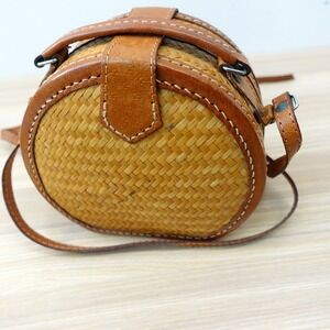 Vintage Bamboo Matting Purse Brown Leather Wicker Canteen Boho Crossbody Bag